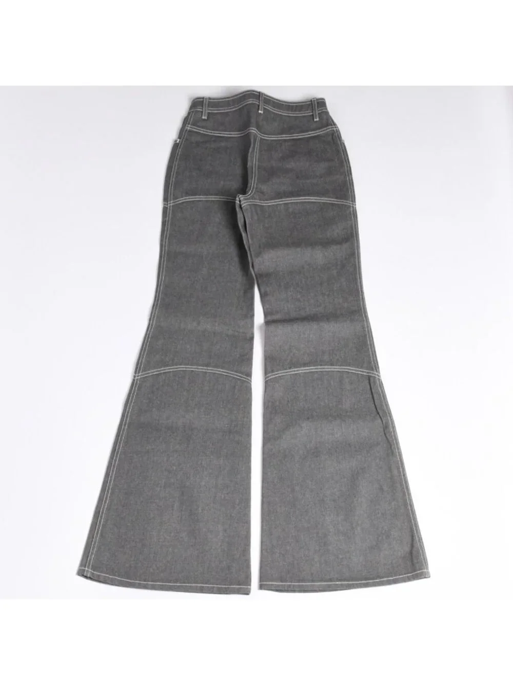 Chanel Flare Bell Denim Pants CC Logo Rhinestone Gray Bootcut White Stitch